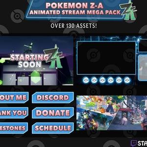 Könnte beinhalten: Digitalgrafik für ein Pokemon Z-A Animated Stream Mega Pack. Das Design zeigt einen dunklen Hintergrund mit verschiedenen animierten Elementen, darunter ein "Starting Soon"-Bildschirm, interaktive Schaltflächen und Charakterillustrationen. Das Paket enthält über 130 Assets.