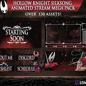 Peut inclure: Un pack d'art numérique pour le streaming, sur le thème de Hollow Knight Silksong. Il comprend des superpositions animées, des panneaux et un écran "Starting Soon". La palette de couleurs est principalement rouge, blanc et noir, avec une esthétique sombre et stylisée.