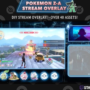 Peut inclure: Une conception de superposition de flux numérique avec le texte "POKEMON Z-A STREAM OVERLAY" et "DIY STREAM OVERLAY! - OVER 40 ASSETS!". La conception comprend plusieurs écrans affichant un jeu, une personne avec un casque et une scène. Le fond est noir avec des accents blancs et bleus.