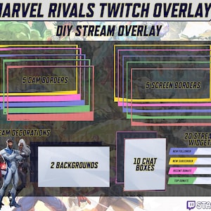 May include: A digital illustration of a Twitch overlay for Marvel Rivals, featuring a variety of colorful borders, backgrounds, chat boxes, and stream widgets. The overlay includes text that says "Marvel Rivals Twitch Overlay" and "DIY Stream Overlay".