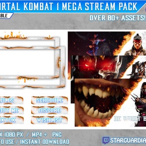 Könnte beinhalten: Ein digitales Stream-Paket für Mortal Kombat 1 mit über 80 Assets. Das Paket enthält ein anpassbares Bildschirmlayout mit einem feurigen Hintergrund, einen Bildschirm für „gleich wieder da“, sowie Buttons für Regeln, über mich, TikTok, Zeitplan, Discord und Wunschliste. Das Paket ist einsatzbereit und enthält MP4- und PNG-Dateien.