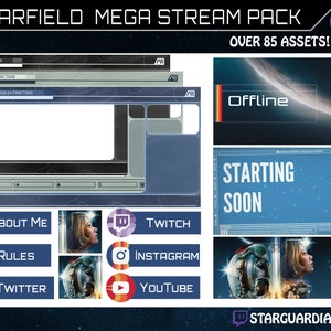 Starfield Mega Stream Pack - Plus de 85 actifs, scènes animées Twitch/Kick, superposition, panneaux, écrans, bannières, icône - Personnalisable - STARFIELD