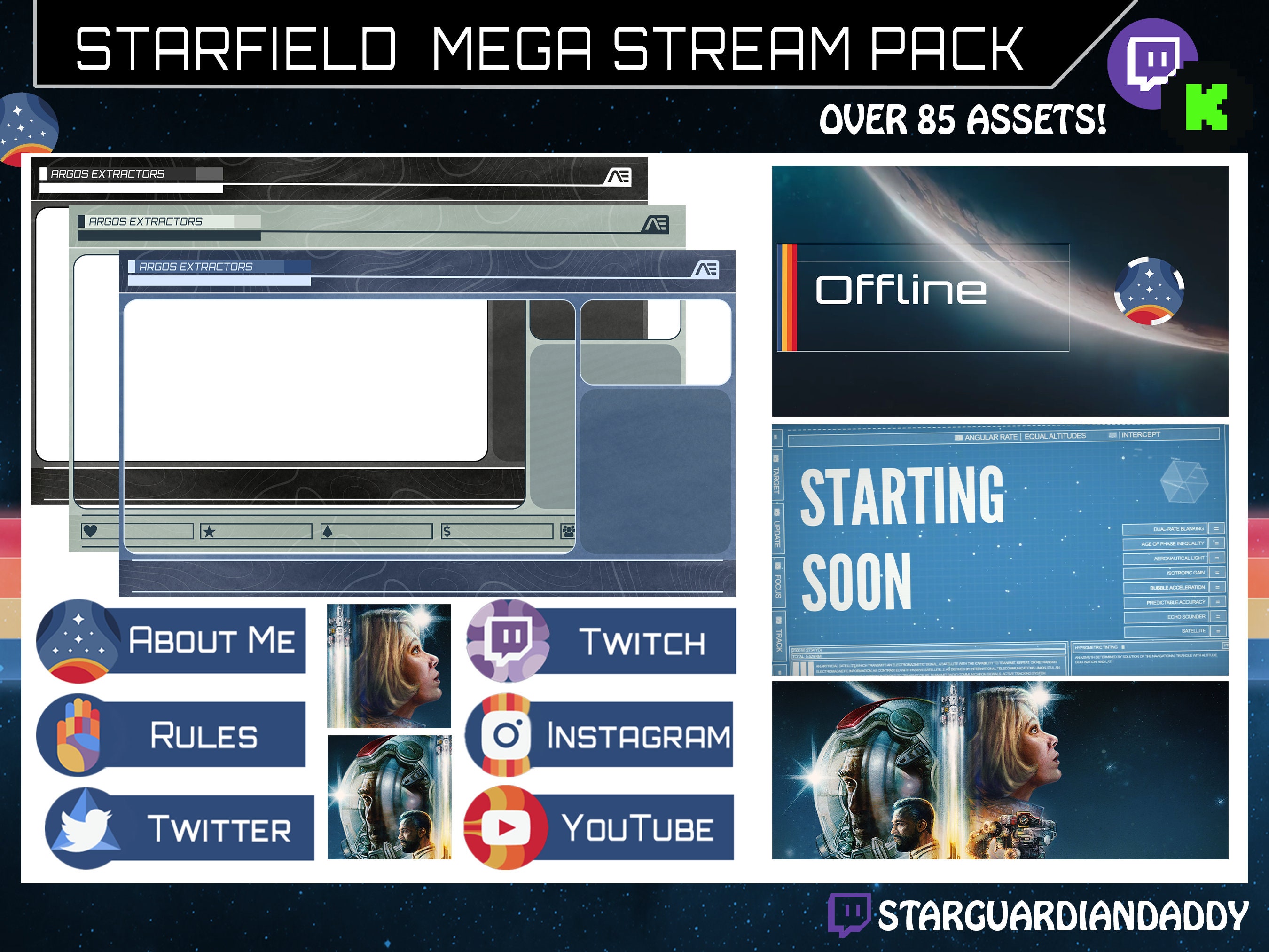 Starfield Mega Stream Pack - Über 85 Elemente, animierte Twitch/Kick-Szenen, Overlay, Panels, Bildschirme, Banner, Icon - Anpassbar - STARFIELD