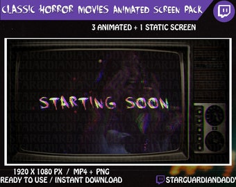 Classic Horror Movies - Old Retro TV - Twitch Animated Stream Screen Pack - Starting Soon / Be Right Back / Ending Soon / Offline