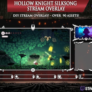 Può includere: Una sovrapposizione di streaming digitale per il gioco Hollow Knight Silksong. La sovrapposizione presenta un tema scuro con uno schermo di gioco, una silhouette del giocatore ed elementi decorativi. Il testo "HOLLOW KNIGHT SILKSONG STREAM OVERLAY" è visualizzato in alto. La sovrapposizione include oltre 90 risorse.