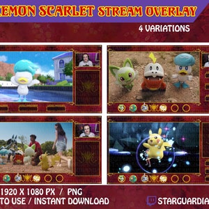 May include: Four variations of a red and gold Twitch stream overlay featuring Pokemon Scarlet characters. The overlay includes a webcam frame, a space for the latest follower, subscriber, and donation, and a space for the latest Pokemon caught. The overlay is 1920 x 1080 pixels and is a PNG file. It is ready to use and can be downloaded instantly.