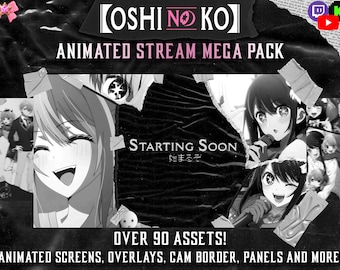 Animated Oshi No Ko Idol Anime Stream Pack - Over 90 Assets! Twitch/Kick/YT Scenes, Overlay, Panels, Screens, Banners, Icons, Cam Border...