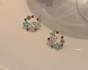 Colorful Floral Stud Earrings • Cute Flower Butterfly Stud Earrings • Tiny Flower Stud Earrings • Hoop Earrings • Gift For Her