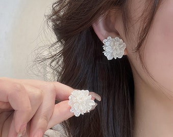 White Floral Earrings • Minimalist White Petal Earrings • Korean Fashion Earrings • Delicate Ear Jewelry • Bridal Earrings • Gift For Her