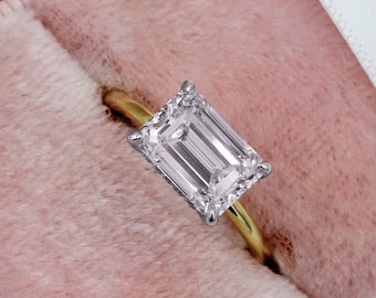 East-West Emerald Cut Moissanite Diamond Ring - 2.4ct Unique Two Tone Solitaire Ring, Hidden Halo Ring, Engagement or Anniversary Gift
