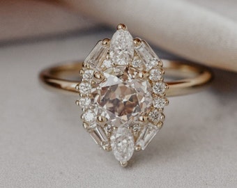 1.5ct Round Cut Moissanite Diamond Vintage Cluster Ring - 14K Gold Art Deco Engagement Ring, Star Burs ring Promise Anniversary Gift