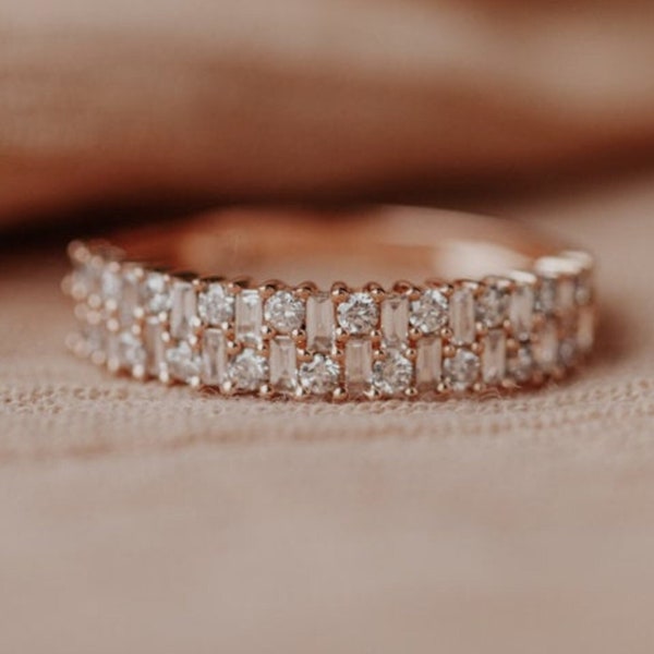 Baguette & Round Cut Moissanite Bridal Band - Double Row Half Eternity in 18KT Rose Gold - Beautiful Wedding Band - Elegant Party Wear Band
