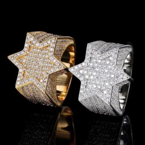 Hip Hop Star Pinky Ring - 925 Sterling Silver Men's Engagement Ring - Sparkling Moissanite Star Ring -  Diamond Star Ring