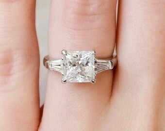 2Ct Princess Cut Moissanite Ring Three Stone Engagement Ring - Taper Baguette Trilogy Wedding & Square Diamond Anniversary Ring