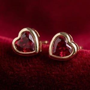 Heart Shape Ruby Bezel Studs, 14K Gold Minimalist Stud Earrings, 2 CT Tiny Heart Diamond Stud, July Birthstone Jewelry, Heart Gift for Her