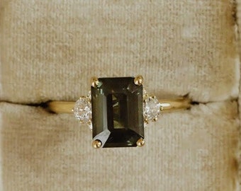 3.03 ct Emerald Cut Teal Sapphire Ring - 14k Gold Ring with Teal Emerald Cut Sapphire and Round Side Diamonds - Prong Set High Polish Band