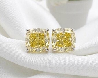 Canary Yellow Moissanite Stud Earrings, Cushion Cut Gold Stud Earrings, Yellow Diamond Look Earrings, Bridal Jewelry Gift For Her