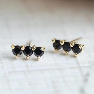 14K Rose Gold Three Black Spinel Bar Stud Earring Black Onyx Round Diamond Stud Dainty Ear Climber For Women Spinel CZ Stone Earring Gifts