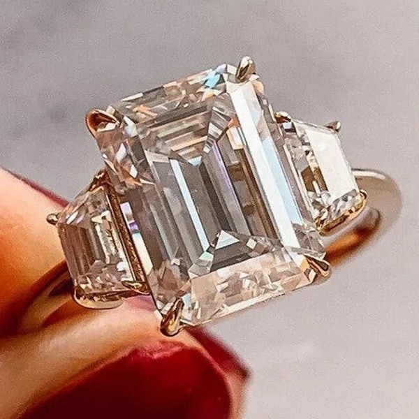 14k Emerald Ring - Three Stone Emerald Cut Lab Diamond Engagement and Wedding Ring - Side Trapezoid Moissanite Ring - Trilogy Ring for Gift