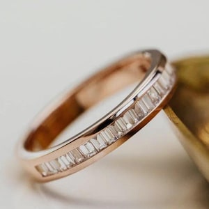 Channel Set Baguette Cut Moissanite Band, Half Eternity Wedding Band, Baguette Bridal Band, Stacking Diamond Band, Unisex Anniversary Band