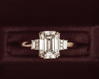 2 CT Emerald Cut Engagement Ring, 14K Solid Gold, Three Stone Moissanite Round & Baguette Ring, Handmade Jewelry Gift