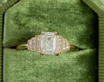 1ct Emerald Cut Moissanite Engagement Ring, 14K Gold Ring Art Deco Vintage Ring, Unique Moissanite Promise Ring, Classic Wedding Ring