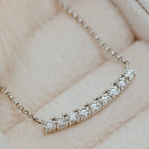 Diamond Curved Bar Necklace | Round Cut Moissanite Pendant | 14K Gold Layering Necklace | Elegant Anniversary Gift for Women Valentines Gift