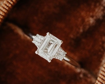 1Ct Emerald Cut & Tapered Baguette Moissanite Engagement Ring - Urban Stylish Wedding Ring For Her - Promise Fine Jewelry - Side Stone Ring