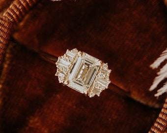 The Oxford Emerald Cut Ring - 14k Gold Ring with 1 ct Emerald Cut Center Stone and Tapering Baguette and Round Side Diamonds