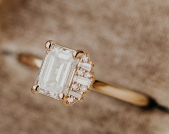 The Judy Emerald Cut Ring - 14k Gold Ring with 1 ct Emerald Cut Center Stone and .08 ct Baguette and Round Diamond Side Flare