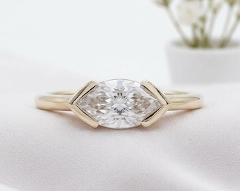 East West Marquise Moissanitring, 14K guld förlovningsring med halv bezel och solitaire