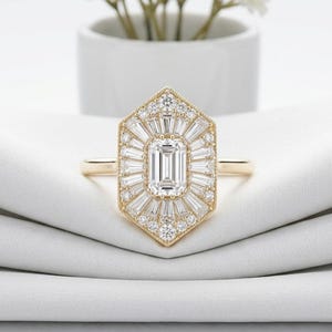 Art Deco Emerald Cut Moissanite Engagement Ring, 14K Gold Hexagon Halo Statement Ring