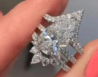 9x11 MM Elongated Pear Cut Moissanite Bridal Ring Set, Three Piece Hidden Halo Ring For Wedding, 14K Gold Matching Trio Band, Proposal Gift
