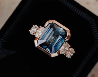 Teal Sapphire Engagement Ring, Vintage Half Eternity Blue-Sapphire Ring, Emerald Cut Sapphire Engagement Ring, Moissanite Bridal Ring