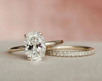 2 Ct Oval Moissanite Wedding Ring Set, Vintage Bridal Set, Art Deco Matching Bands