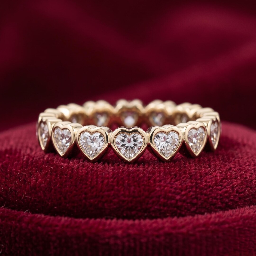 Heart Cut Moissanite Eternity Band, Bezel Set Wedding 14K Gold ...