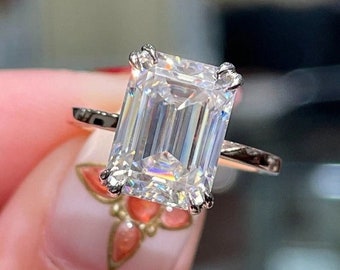 Emerald Cut Colorless Moissanite Double Claw Prong Engagement Ring, Emerald Cut Solitaire Ring, Crystal Wedding Rings, Silver Proposal Rings