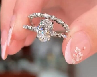 3 CT Oval Cut Moissanite Engagement Bridal Set Ring - Wedding Band Promise Ring Set - Stylish Bridal Set Ring Gift For Her