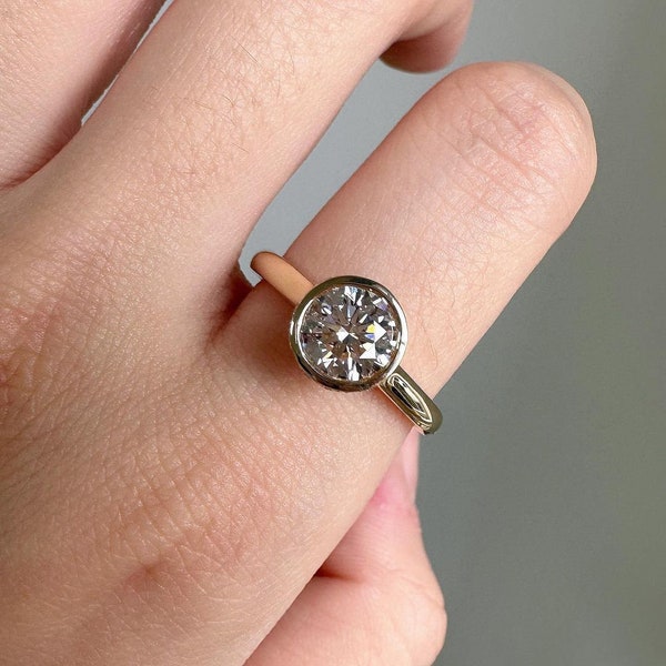 1 CT Round Cut Ring - Moissanite Engagement Ring - Minimalist Bezel Set Solitaire Ring - Nature Wedding Ring - Vintage Solitaire Ring