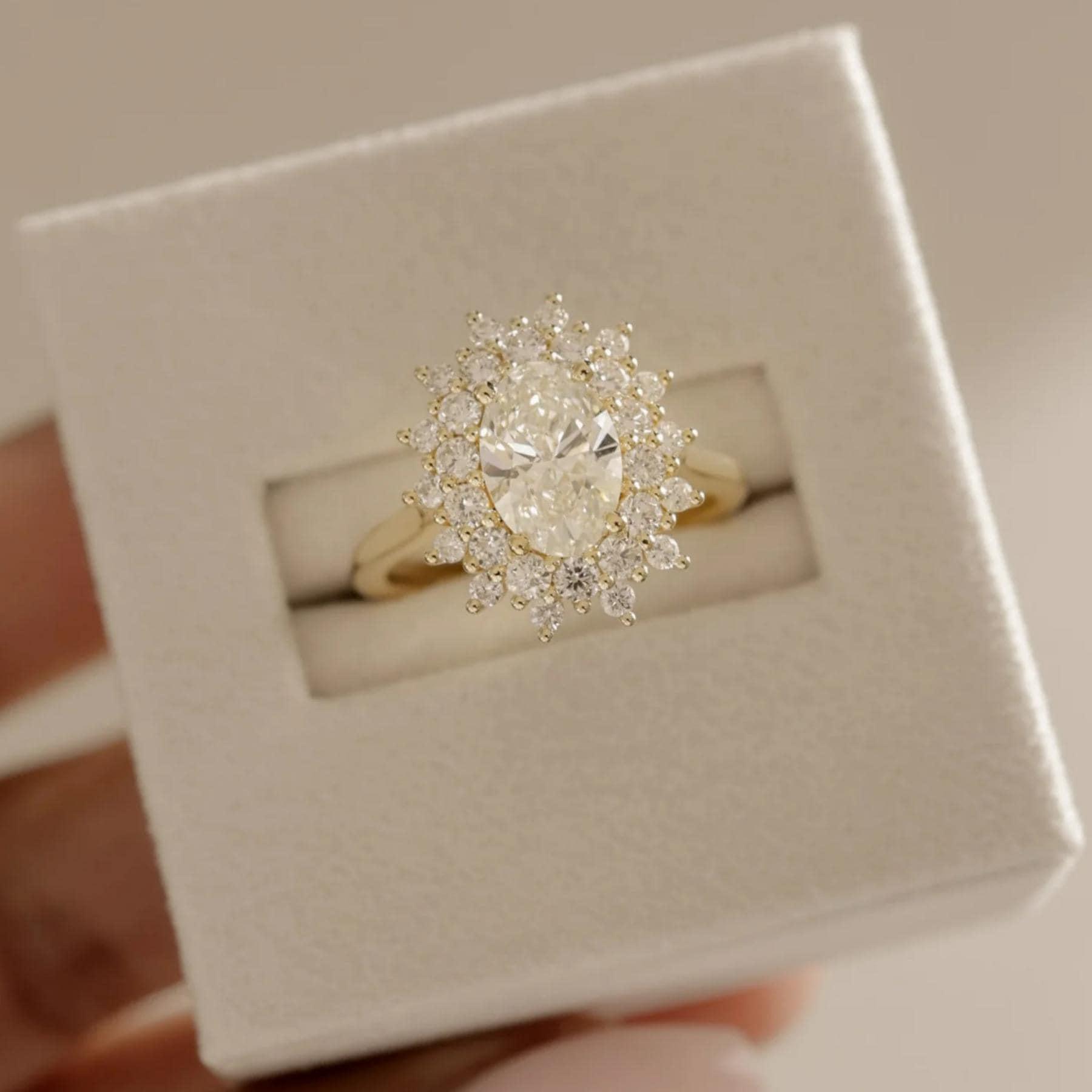 14K Gold Starburst Halo Engagement Ring, Art Deco Wedding Ring, Oval Moissanite Sunburst Ring, Unique Promise Ring Gift, Women Propose Ring