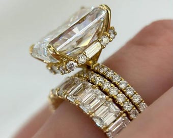 Radiant Cut Moissanite Ring Set, Full Eternity Matching Wedding Band, Baguette & Round Cut Hidden Halo Bridal Set, 14K Trio Ring Set For Her