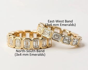 Emerald Cut Moissanite Wedding Band, 14k Yellow Gold Bezel Set Eternity Ring,