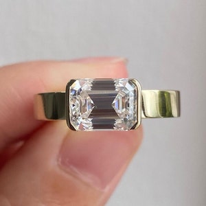 East West Emerald Cut Moissanite Diamond Bezel Set Engagement Ring -  14K Unique Flat Solitaire Diamond Ring - Wedding & Anniversary gift