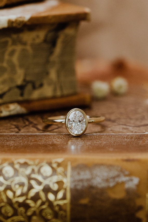 Oval Bezel Ring Oval Moissanite Engagement Ring – 14k Yellow Gold Bezel ...