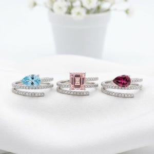 East West Cz Pear and Asscher Gemstone Ring, Three Row Bypass Pave Wedding Ring, Aquamrine, light Pink & Ruby Brirthstone Ring, Women Gift