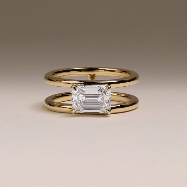 2.50 CT Emerald Cut Colorless East To West Moissanite Engagement Ring - Double Band Wedding, Proposal & Anniversary Ring