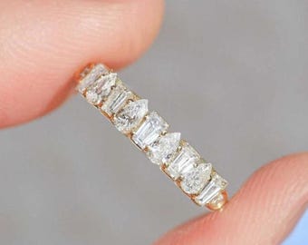 Moissanite Wedding Band: Pear & Baguette Cut, 14K Yellow Gold Half Eternity