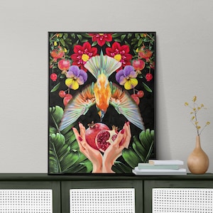 Bird and Pomegranate Print, Wall Art, Digital Print, Printable Art, Tropical Print, Floral Print, Wall Decor