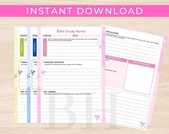 May include: Printable Bible study notes template with a pink, blue, and yellow color scheme. The template includes sections for passage, context, summary, key verses, application, word study, and cross reference.