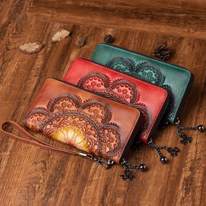 Cartera de mujer, Cartera de cuero para mujer, Regalos de cumpleaños personalizados, Regalos para mamá, Cartera vintage, Cartera de cuero repujado, Cartera de mano